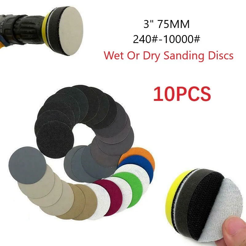 

10Pcs 3Inch 75mm Waterproof Sanding Discs Hook&Loop Silicon Carbide Sandpaper Wet/Dry 240 -10000 Grit For Polishing Grinding