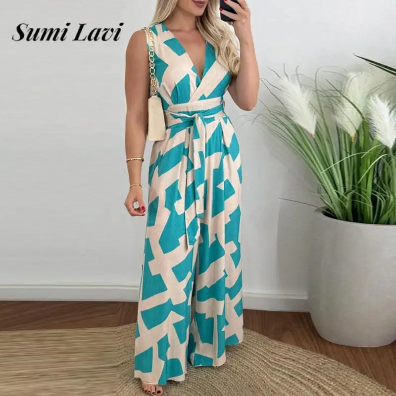 

Fashion Print Straight Playsuit Elegant Ladies V Neck Sleeveless Jumpsuits Casual Ladies Waisted Lace-up Wide Leg Pants Rompers