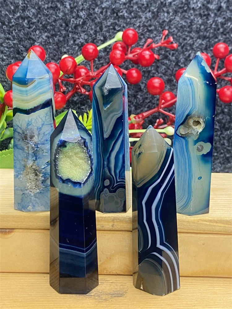 

Natural Stone Blue Silk Lace Pattern Agate Crystal Tower Home Decoration Wand Reiki Healing Meditation Chakra Healing Gemstones