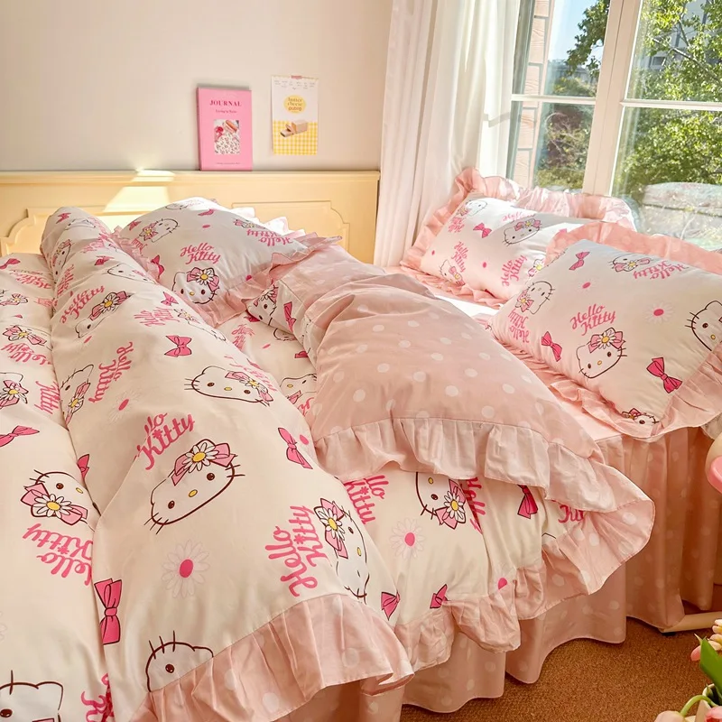 

Новинка Kawaii Anime Sanrio, Hello Kitty хлопок, Комплект постельного белья из четырех частей, чистый хлопок, рюкзак, мультяшное постельное белье, симпатичная простыня Kt