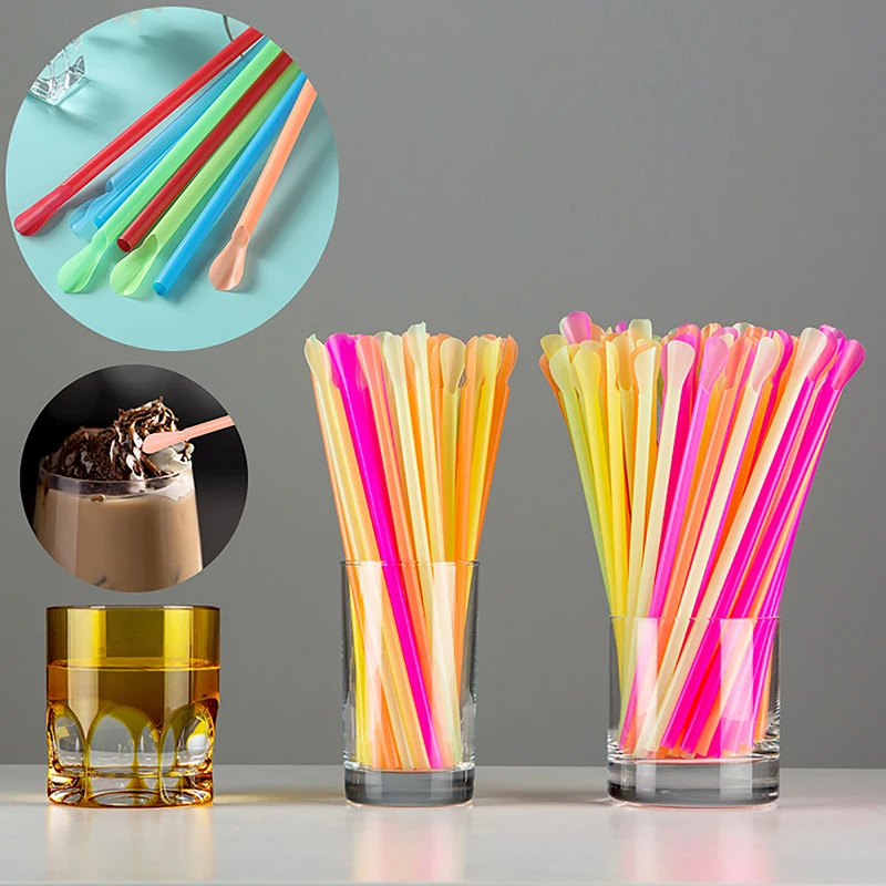 

100pcs Bar Pub Slush Straw For Birthday Celebration Party Supplies Multicolour Plastic Straws Drinking Straw Spoon