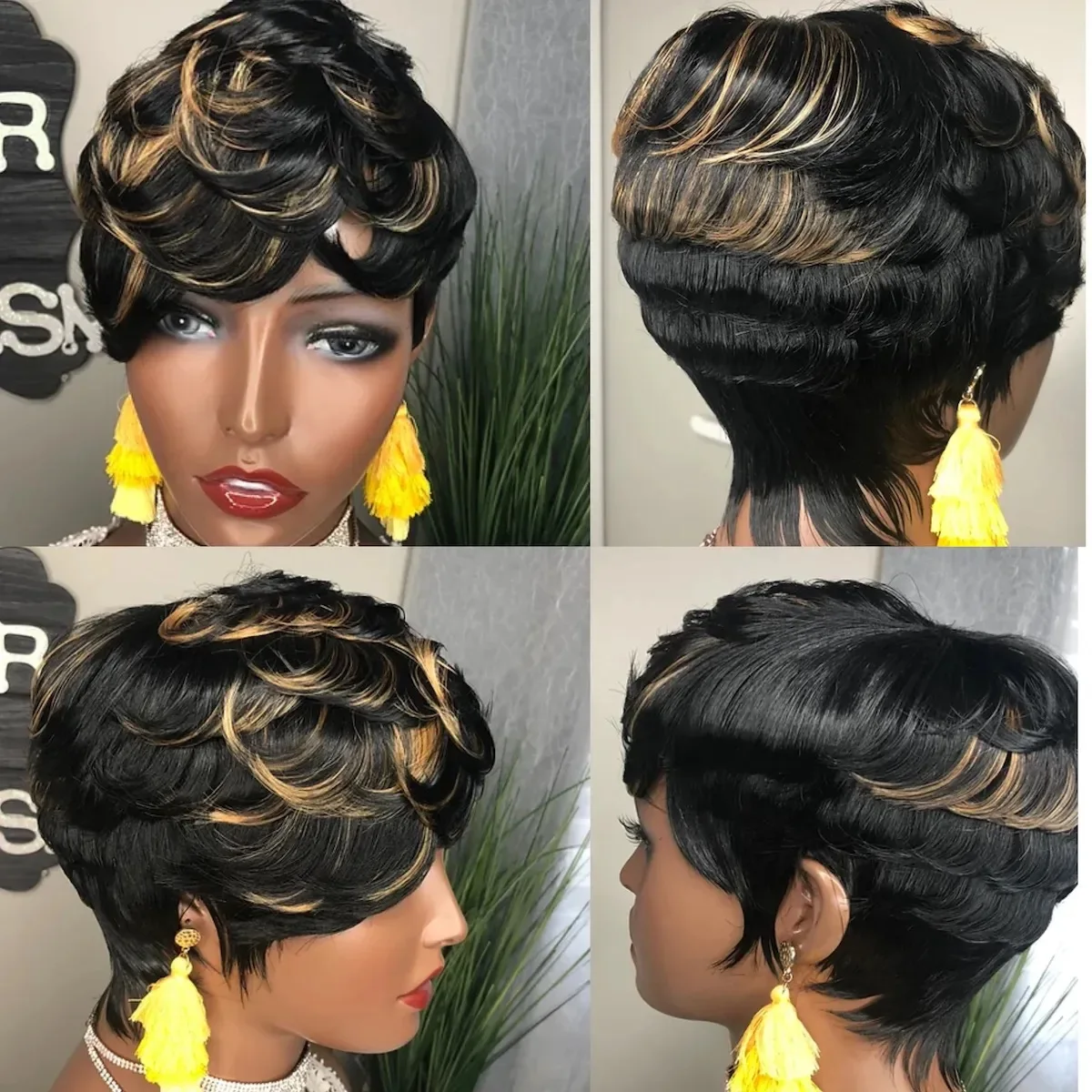 

Highlight Ombre Black Blonde Gold Synthetic Short Straight Pixie Cut Hair Bob Cheap Wig With Curly Bangs Hair For Black Women