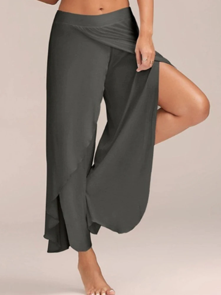 

Casual Slit Elastic Wide Leg Pants New Chiffon High-Waisted Trousers Female Solid Color Street Lady Dropshipping