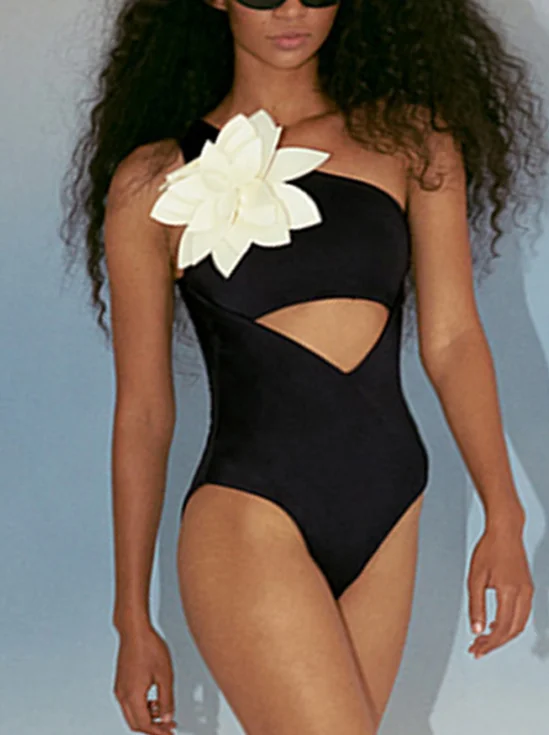 

One Shoulder Sexy / New Beachwear 2023 Fashion Women Swimwear Summer Cutout Flower Embellished 1 Piece Swimsuit Solid Color