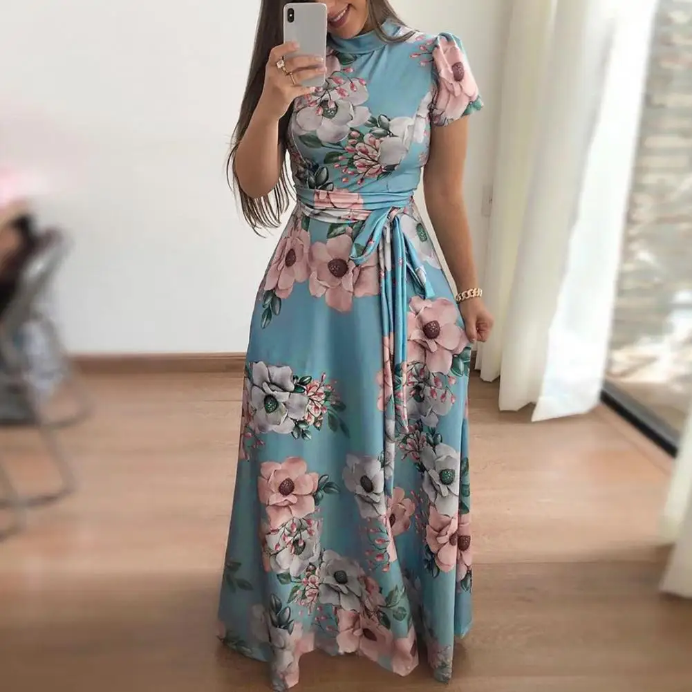 

Loose Fit Printed Dress Floral Print Maxi Dress With Mock Collar Belted Waist Women's A-line Swing Dress For Summer Spring Ankle