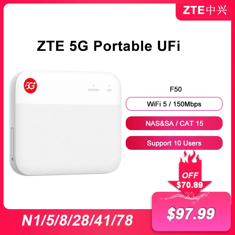 

2023 New Original ZTE UFi F50 5G Pocket MiFi 5G Sub-6 SA/NSA N1/5/8/28/41/78 4G Cat15 2.4G/5G Wifi(No battery）