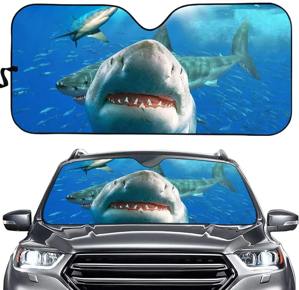 

Shark Car Front Windshield Sun Shade - Funny Animal Print Custom - Blocks UV Rays Sun Visor Protector - Accordion Fold