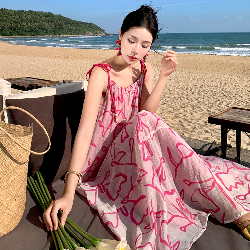 

New Summer Women Loose Beach Dress Stylish Print Vacation Strappy Dress Korean Simple Lolita Long Luxury Elegant Sundress