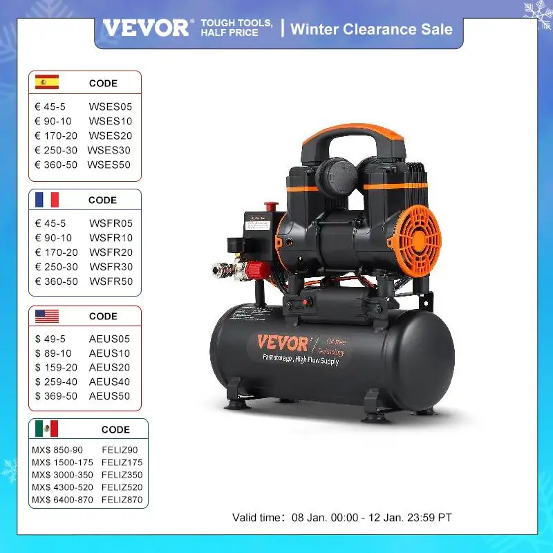 

VEVOR Silent Air Compressor 9L 18L 24L 35L Quiet Oil-free Portable Air Pump for Home Repair Tire Inflation Whisper Compressor