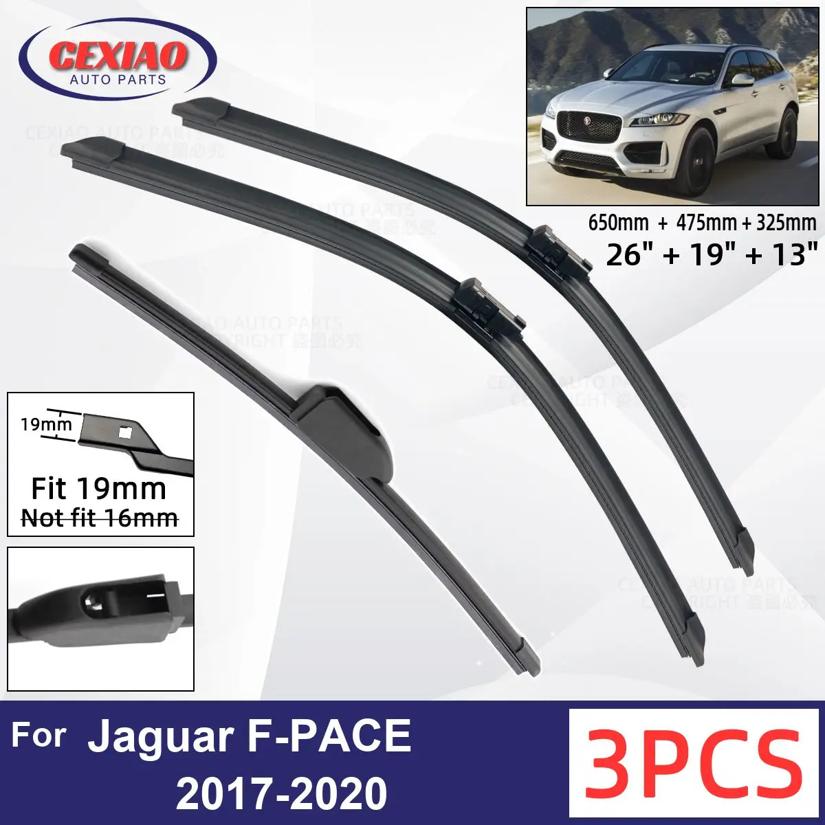 

For Jaguar F-PACE 2017-2020 Car Front Rear Wiper Blades Soft Rubber Windscreen Wipers Auto Windshield 26"+19"+13" 2017 2018 2019