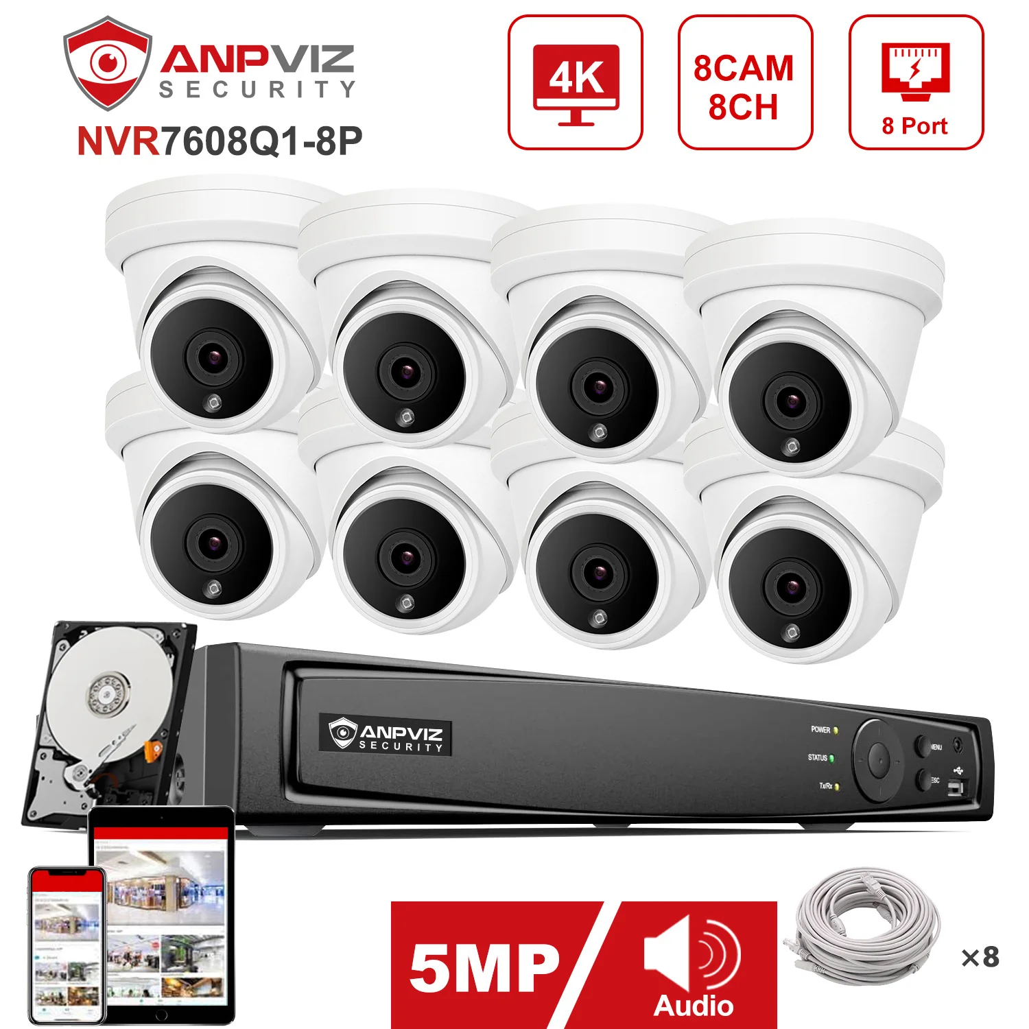 

Anpviz 8CH 4K NVR 5MP POE IP Camera System Outdoor IP Security Kit IP66 Guarding Vision 30m P2P View CCTV Security Protection