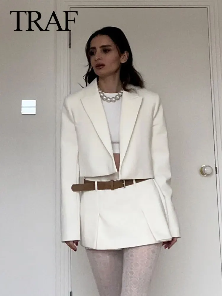 

TRAF 2024 Spring Women's Solid Beige Blazer Suit Long Sleeves Cropped Blazer+High Waist With Belt A-Line Culottes Elegant Sets