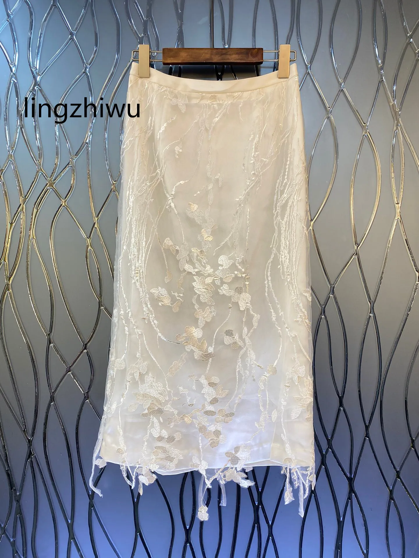 

lingzhiwu White Lace Jacquard Skirt 2024 Spring Female Ladies Slit High Waist Straight Skirts New Arrive