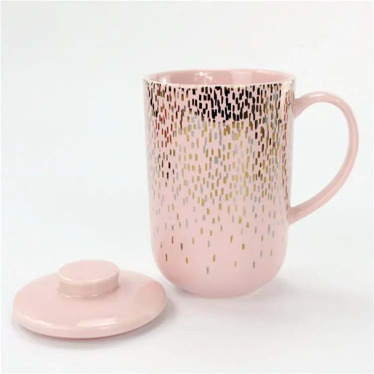

Красивая розовая и Золотая керамическая чайная кружка с фильтром, крышкой и ручкой