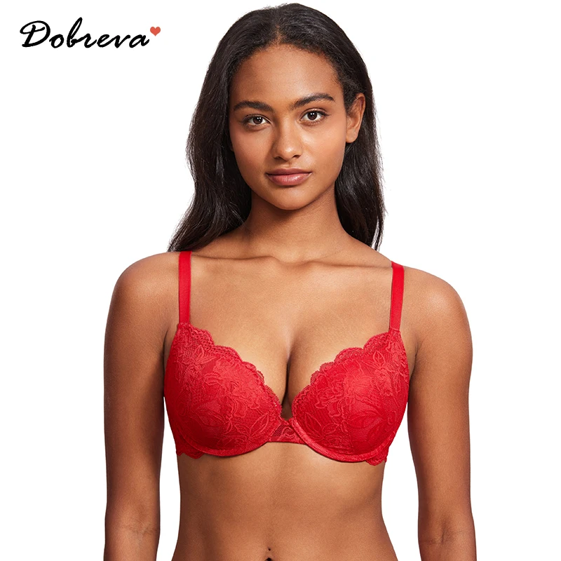 

DOBREVA Women's Push Up Floral Lace Bra Underwire Plunge Padded Full Coverage Bras Sexy Plus Size Support