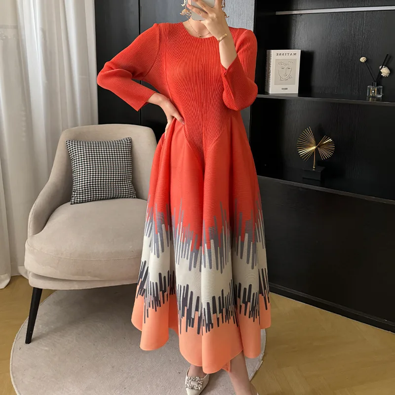

Miyake Elegant Pleated Dress Female Spring and Fall New Printing Senior Sense Large Size Loose Thin Lantern Skirt Long Skirt