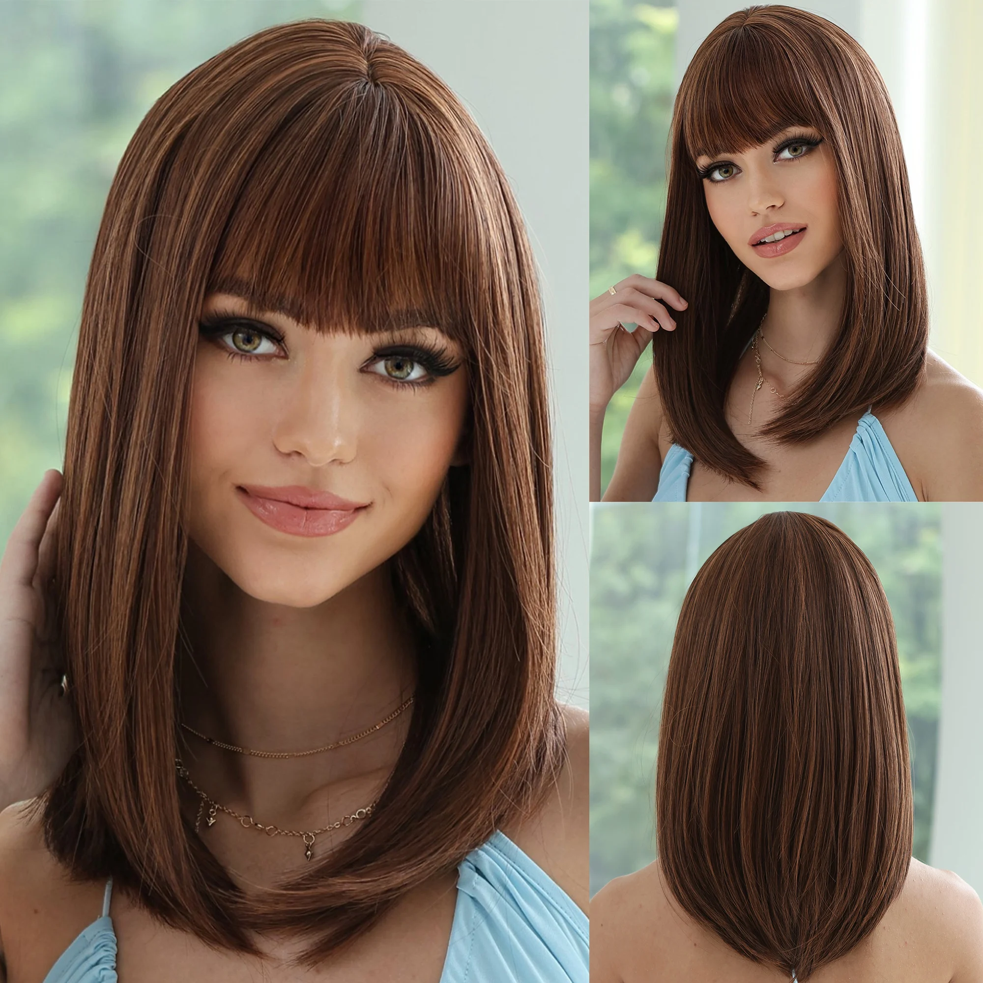 

Черно-коричневый синтетический парик с челкой, Средние Длинные прямые вьющиеся парики для женщин, косплей, ежедневный стиль, термостойкие волосы из волокна