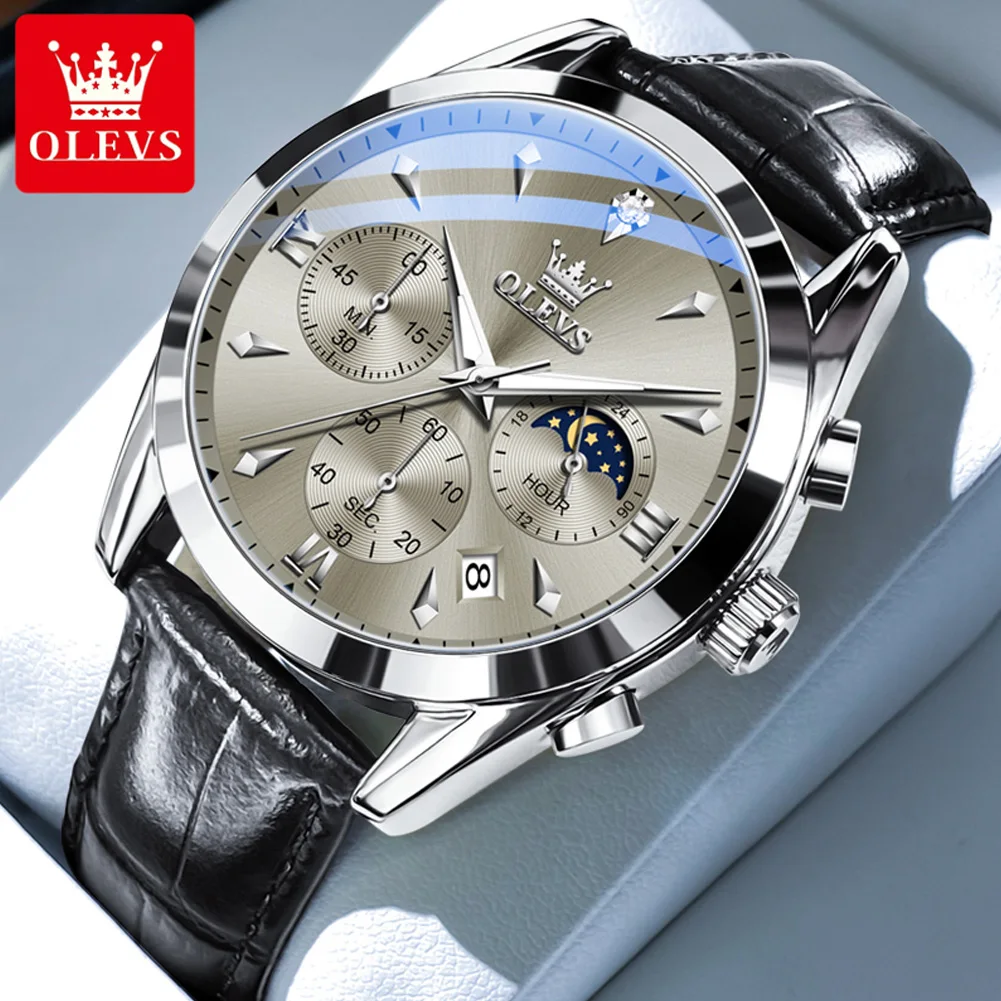 

OLEVS Original Quartz Watch for Men Luxury Top Leather Strap Waterproof Moon Phase Chronograph Sports Wristwatch Auto Date Clock