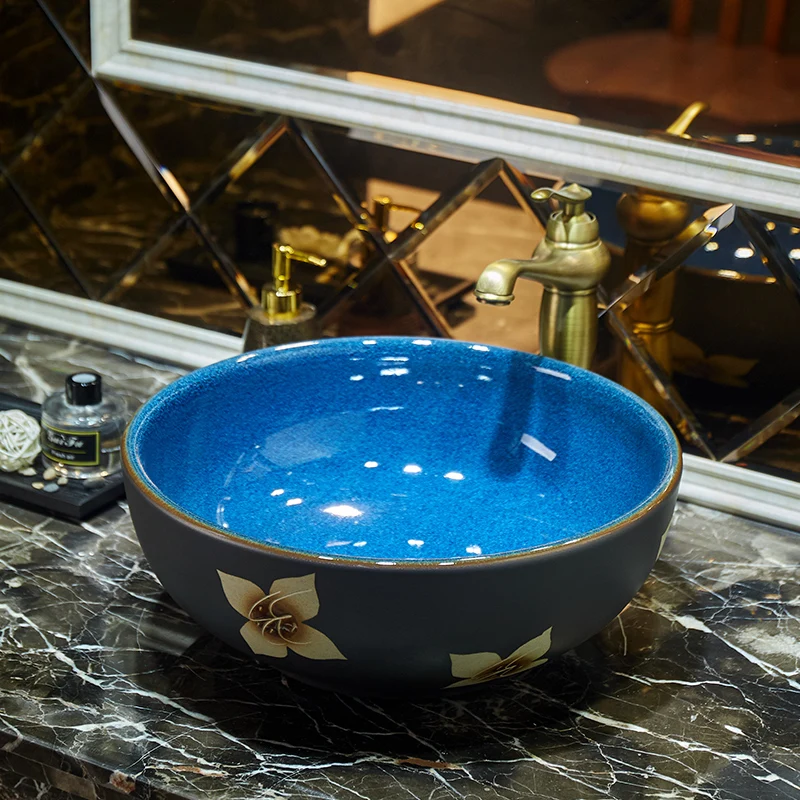 

blue and white China Artistic Europe Style Counter Top porcelain wash basin bathroom sinks ceramic art flower vessel sink