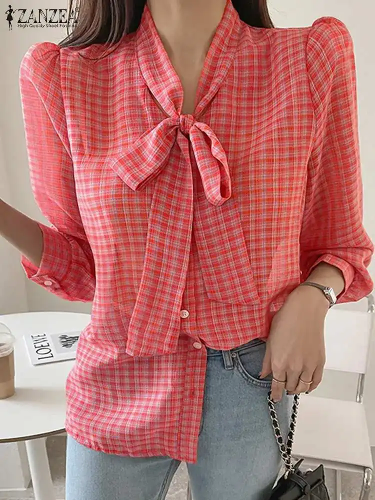 

ZANZEA 2023 Spring Holiday Tops Women Fashion Plaid Blouse Elegant Puff Long Sleeve Bowknot Tunics Casual Loose Bandage Shirt