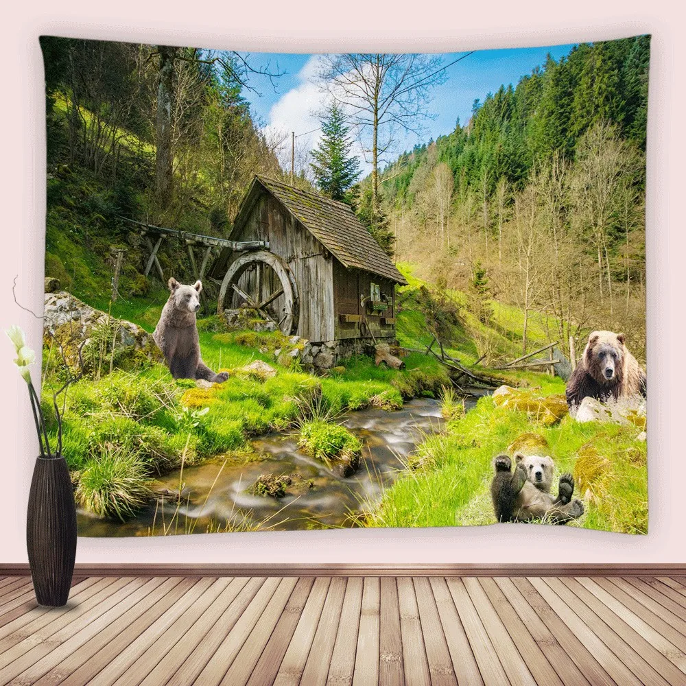 

Forest Hunting Tapestry Natural Scenery Stream Bear Farm Animal Trees Wall Hanging Fabric Tapestries Living Room Bedroom Decor