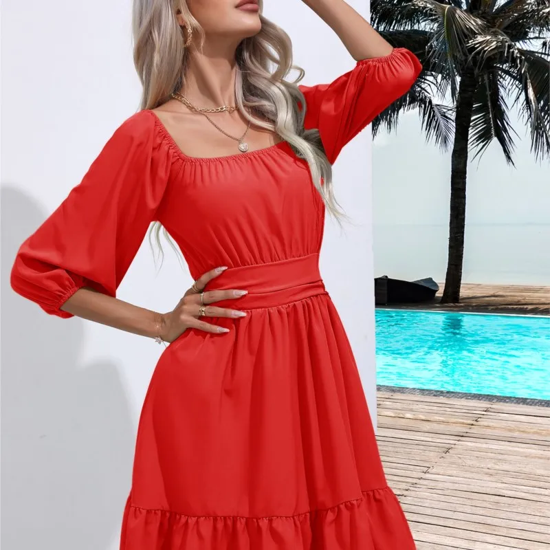 Popular Live Photos Of Ruffled Square Neckline With Waistline, Solid Color Dress, Strappy Short Skirt, New Summer Women Clothing 
Popular Live Photos Of Ruffled Square Neckline With Waistline, Solid Color Dress, Strappy Short Skirt, New Summer Women Clothing