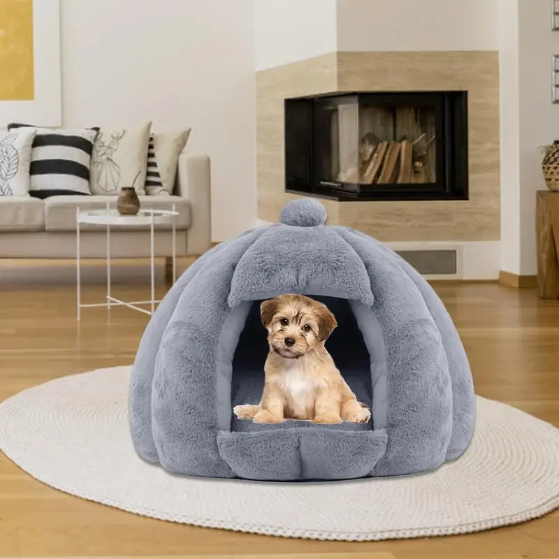 

Winter Cat House Fluffy Cat Igloo With Removable Washable Cushioned Mattress Semi-closed Pumpkin Cat Kennel No Deformation Pet