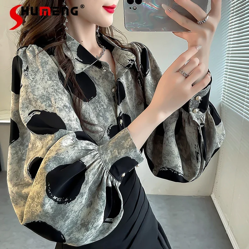 

Autumn All-Matching Outer Wear Shirt Design Sense Niche Loose Lantern Sleeves Top Fashion Dotted Prints Shirt Blusas Mujer Women