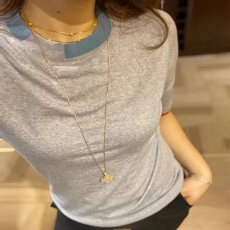 

Contrast Color New Summer T-shirt Women Short-sleeved Thin Ultra-Fine Worsted Wool Bottoming Shirt Round Neck Mid-Sleeve Sweater