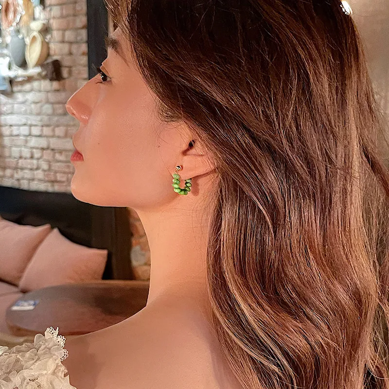 Boucles d'oreilles cerceau de perles vertes de Bergame pour femmes, boucles d'oreilles bon marché coréennes, bijoux de fête, cadeaux tendance, nouveau design, vente en gros, 2024 5
