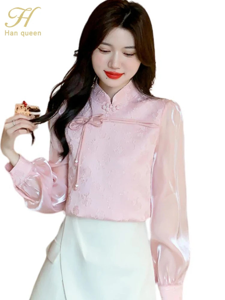 

Шифоновые жаккардовые рубашки H Han Queen 2024, элегантные блузки, винтажный рабочий Повседневный Топ, свободная блузка с длинным рукавом, женская одежда, распродажа