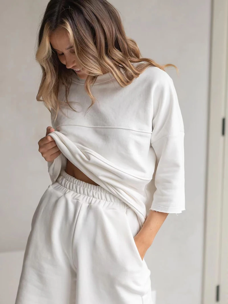 Bornladies Sommer 100% Baumwolle Sets Frauen Casual Zwei Stücke Halbe Hülse Patchwork T Shirts & Hohe Taille Shorts Outfits Trainingsanzug Bornladies Sommer 100% Baumwolle Sets Frauen Casual Zwei Stücke Halbe Hülse Patchwork T Shirts & Hohe Taille Shorts Outfits Trainingsanzug