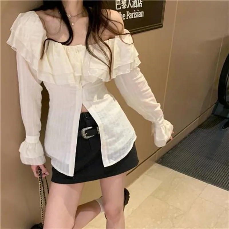 

Korean Fashion Shirts Women Spring Long Sleeve Slash Neck Casual Blouses Elegant Off Shoulder Ruffles Tops Blusas Y2k Streetwear