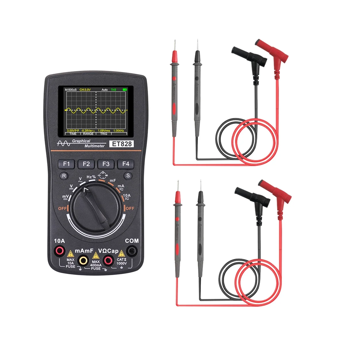 2 in 1 Digital Oscilloscope Multimeter Bandwidth 2.5Msps Sampling Rate Graphical Oscilloscope Resistance Meter ET828
2 in 1 Digital Oscilloscope Multimeter Bandwidth 2.5Msps Sampling Rate Graphical Oscilloscope Resistance Meter ET828