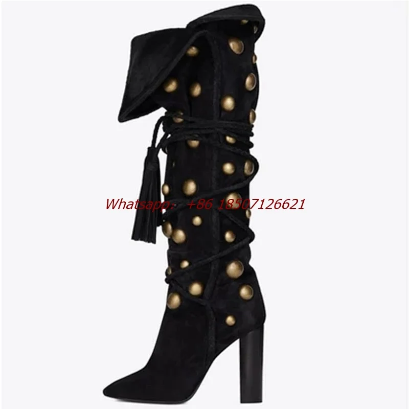 Black Suede Cross-Strap Thick Heel Boots With Button Decoration And Tassel Slip-On High Heel Boots
Black Suede Cross-Strap Thick Heel Boots With Button Decoration And Tassel Slip-On High Heel Boots