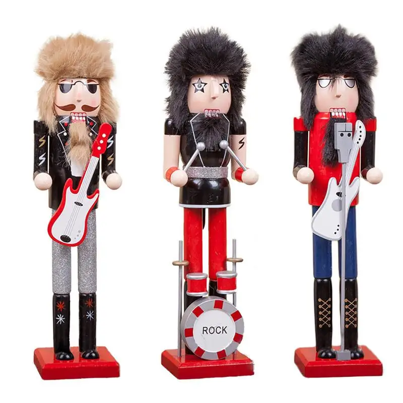 

14.96in Rockstar Nutcrackers Christmas Style Wooden Decoration Tabletop Statue Soldier Rock Band Nutcracker With Drum And Guitar