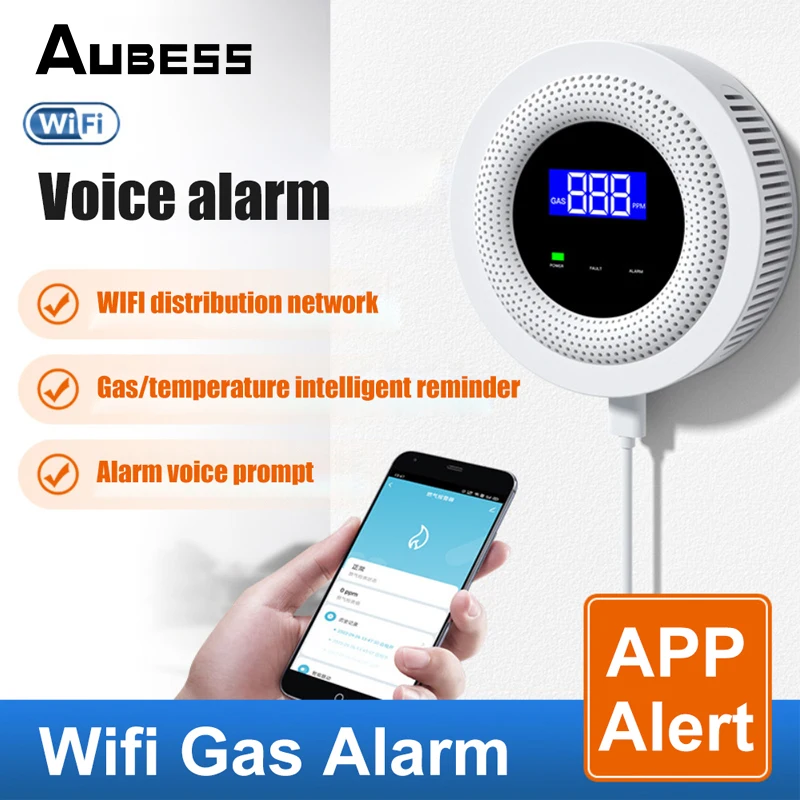 

Датчик утечки природного газа Aubess с Wi-Fi, умный цифровой детектор утечки газа с ЖК-дисплеем, для домашней кухни