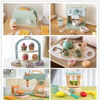 Brinquedos de Ovos de Madeira: O Complemento Perfeito para Brincadeiras de Faz de Conta e Desenvolvimento Infantil 9 Kids Wooden Toys Coffee Maker Toy Set Cake Ice Cream Tea Time Playset Toddler Pretend Play Kitchen Accessories Gift for Children