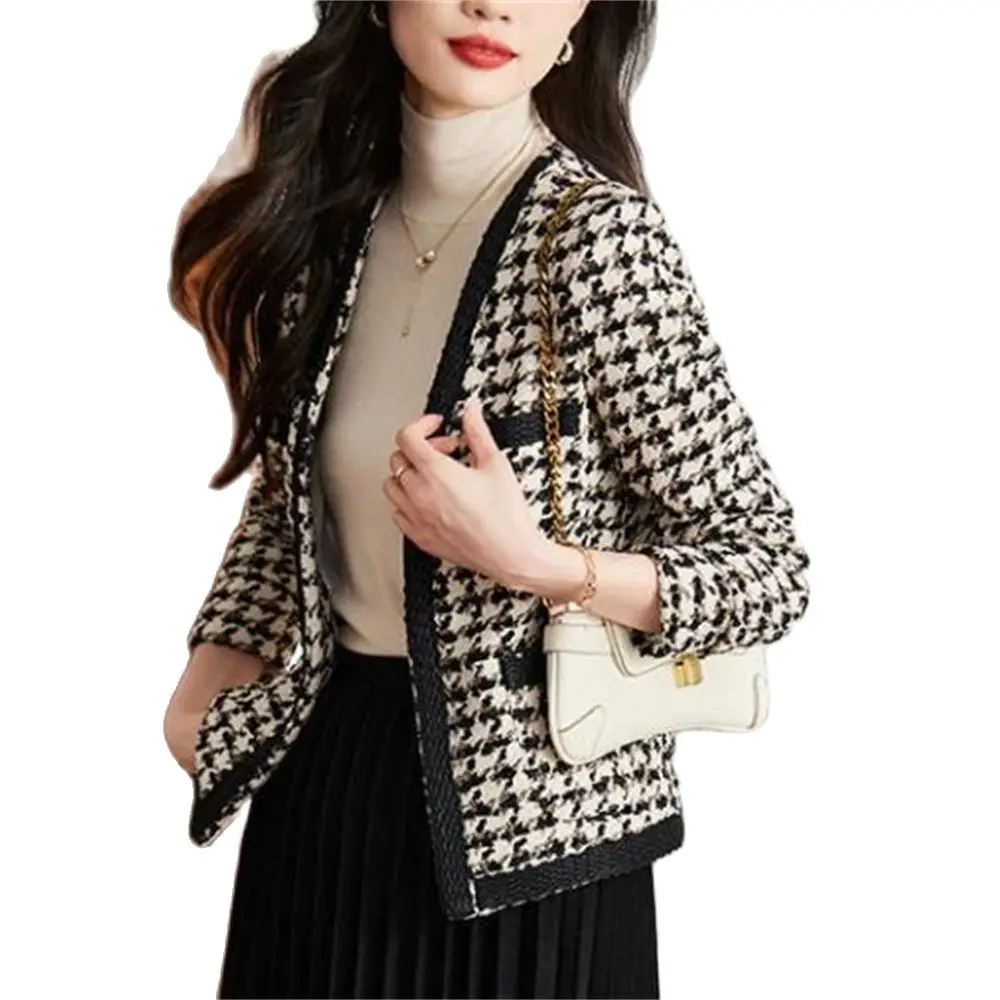 

Черно-белое клетчатое пальто, женская короткая верхняя одежда в клетку с рисунком «гусиные лапки», топы, осенне-зимний новый кардиган с V-образным вырезом, куртка большого размера 2XL
