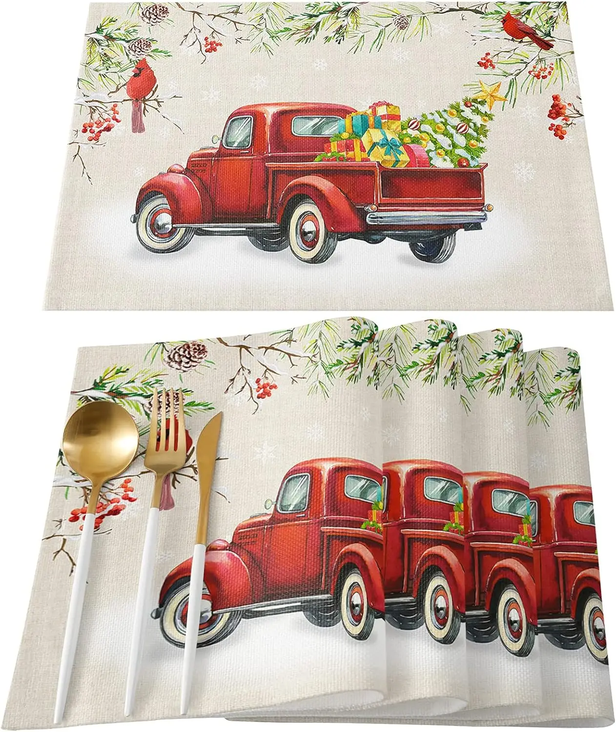 

Placemats for Dining Table Snowflake Winter Xmas Tree Vintage Red Truck Merry Christmas Placemats Kitchen Decor Placemats 4pcs