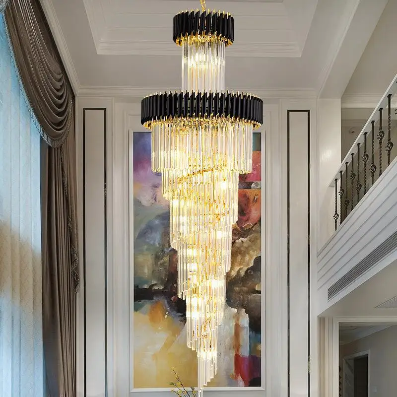 

Gircher Modern Crystal Chandelier for Staircase Long Black Led Light Fixture Villa Lobby Living Room Decor Hang Cristal lustre