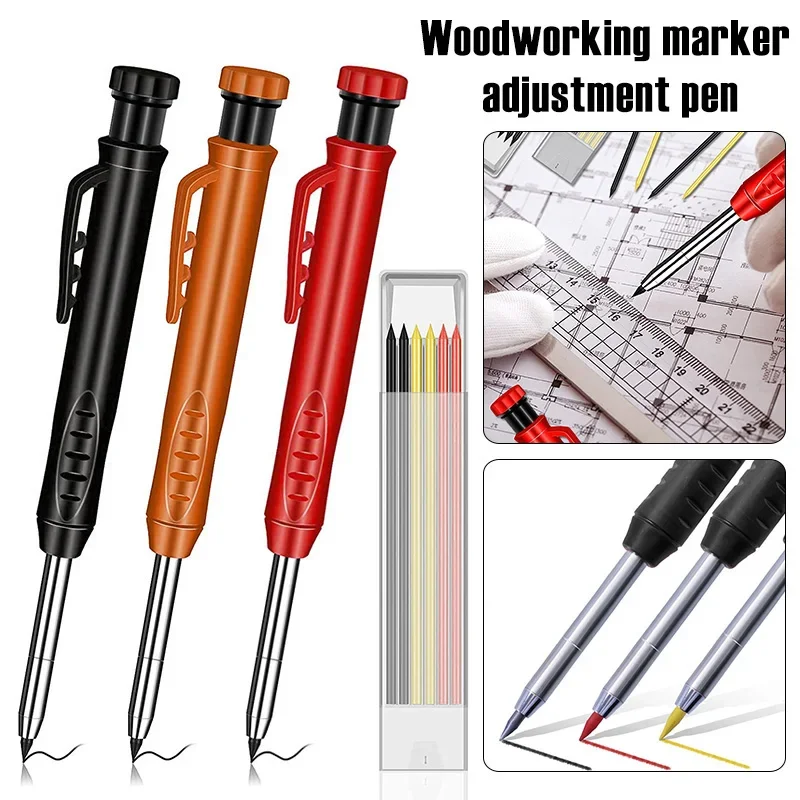 

Solid Carpenter Pencil Set with 6 Refill Leads Built-in Sharpener Deep Hole Mechanical Pencil Marker Marking Tool Woodworking