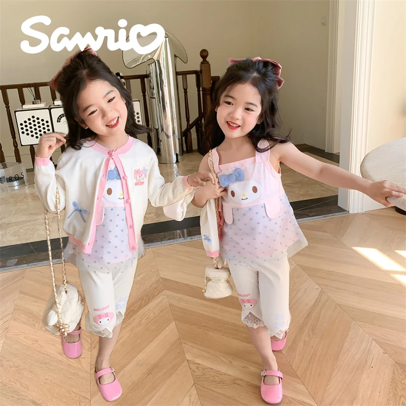 

Sanrios My Melody Anime Kawaii Children's Cotton Stitching Mesh Bottom Camisole Girls Vest Air Conditioning Knitted Cardigan