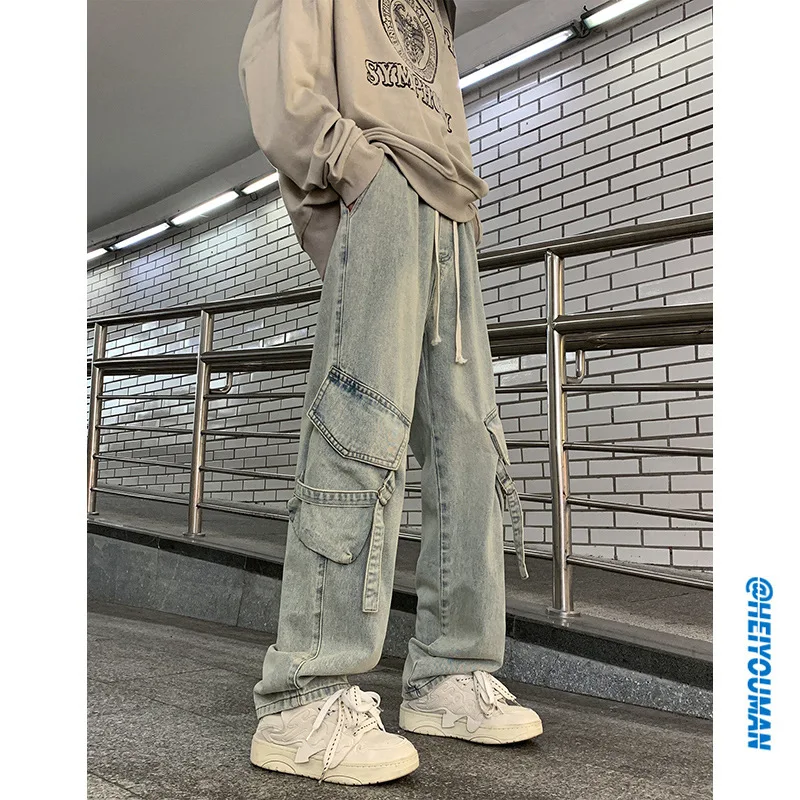 

Autumn And Winter New Japanese Overalls Jeans Men And Women American Retro High Street Micro-la Washed Wide-leg Straight Pants