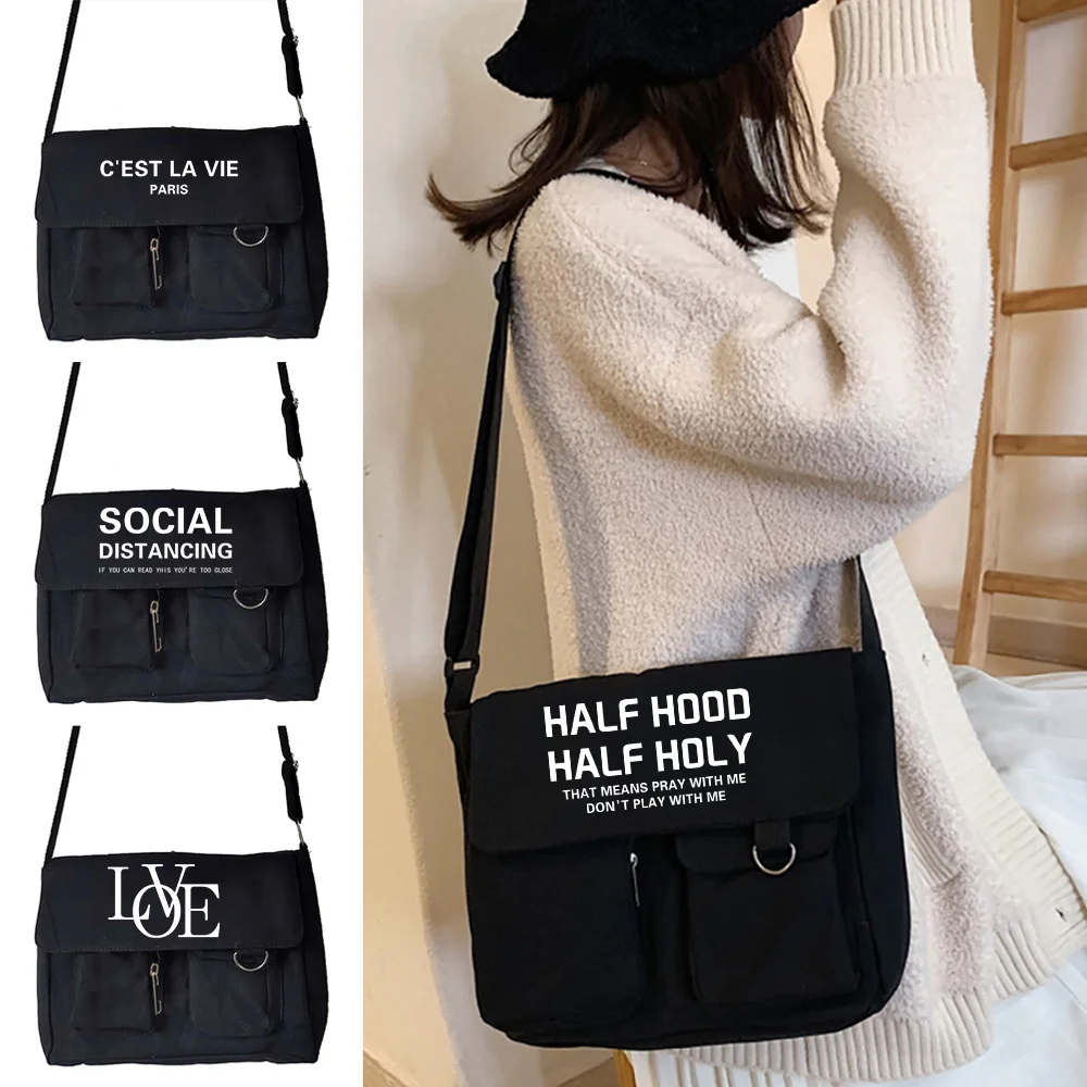 

Crossbody Bags Korean Harajuku Tudent Style Wild Postman Case Simple Casual Canvas Shoulder Bag Text Print Women Shopping Packet