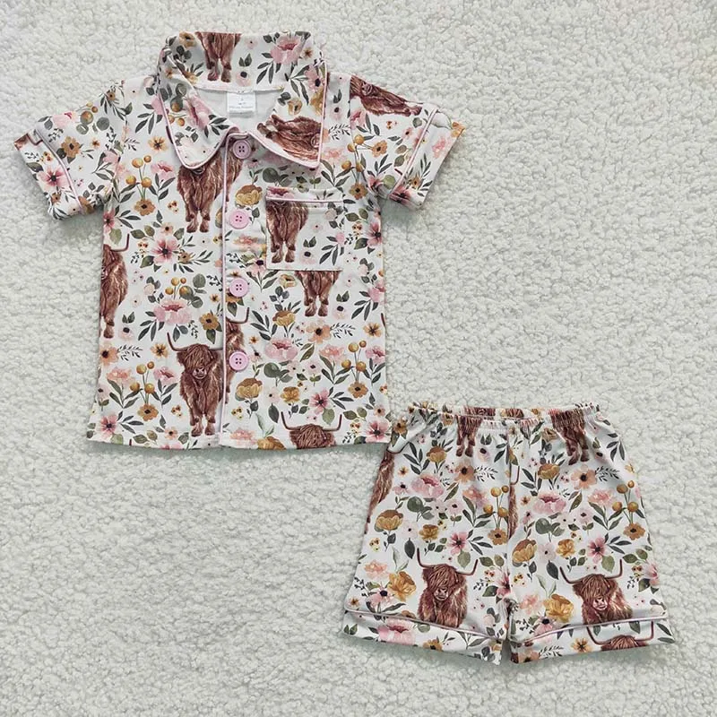 

Wholesale Baby Boy Western Summer Nightclothes Children Short Sleeves Cows Floral Shirts Sleepwear Shorts Sets Pajamas Outfit