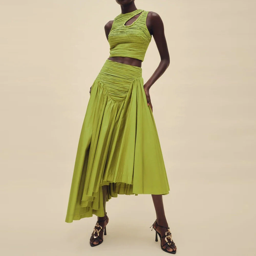 Slim Two Piece Sets For Women Round Neck Sleeveless Hollow Out Pleat Crop Tops Irregular Hem Pleated Skirt Solid Set Female
Slim Two Piece Sets For Women Round Neck Sleeveless Hollow Out Pleat Crop Tops Irregular Hem Pleated Skirt Solid Set Female