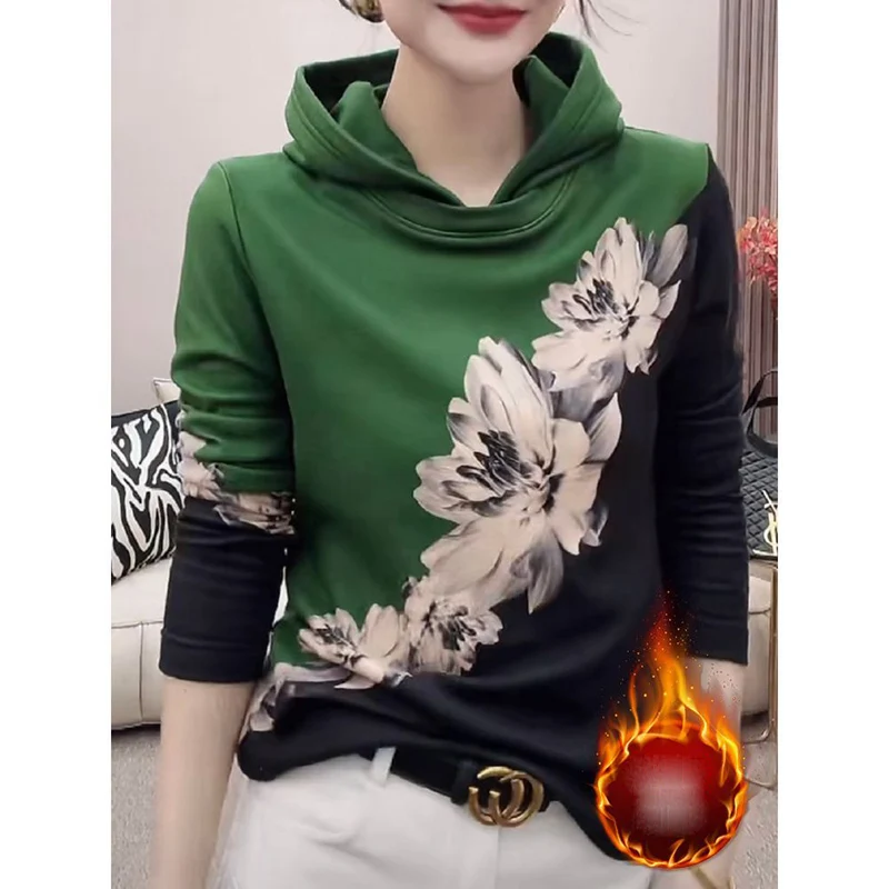

Fashion Spliced Printed Casual hooded T-Shirt Women's Clothing 2023 Winter Loose Commuter Pullovers All-match warm Tee Shirt