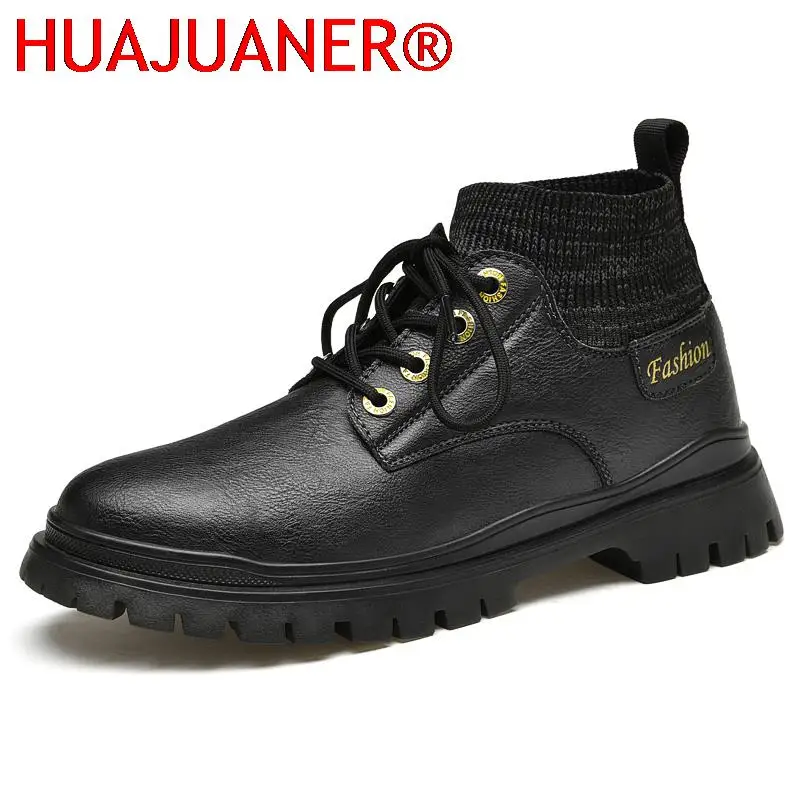 

New Men Shoes Fashion Leather Oxfords Breathable Autumn Lace Up Comfortable Casual Sock Shoes Outdoor Men Sneakers Ankle Boots