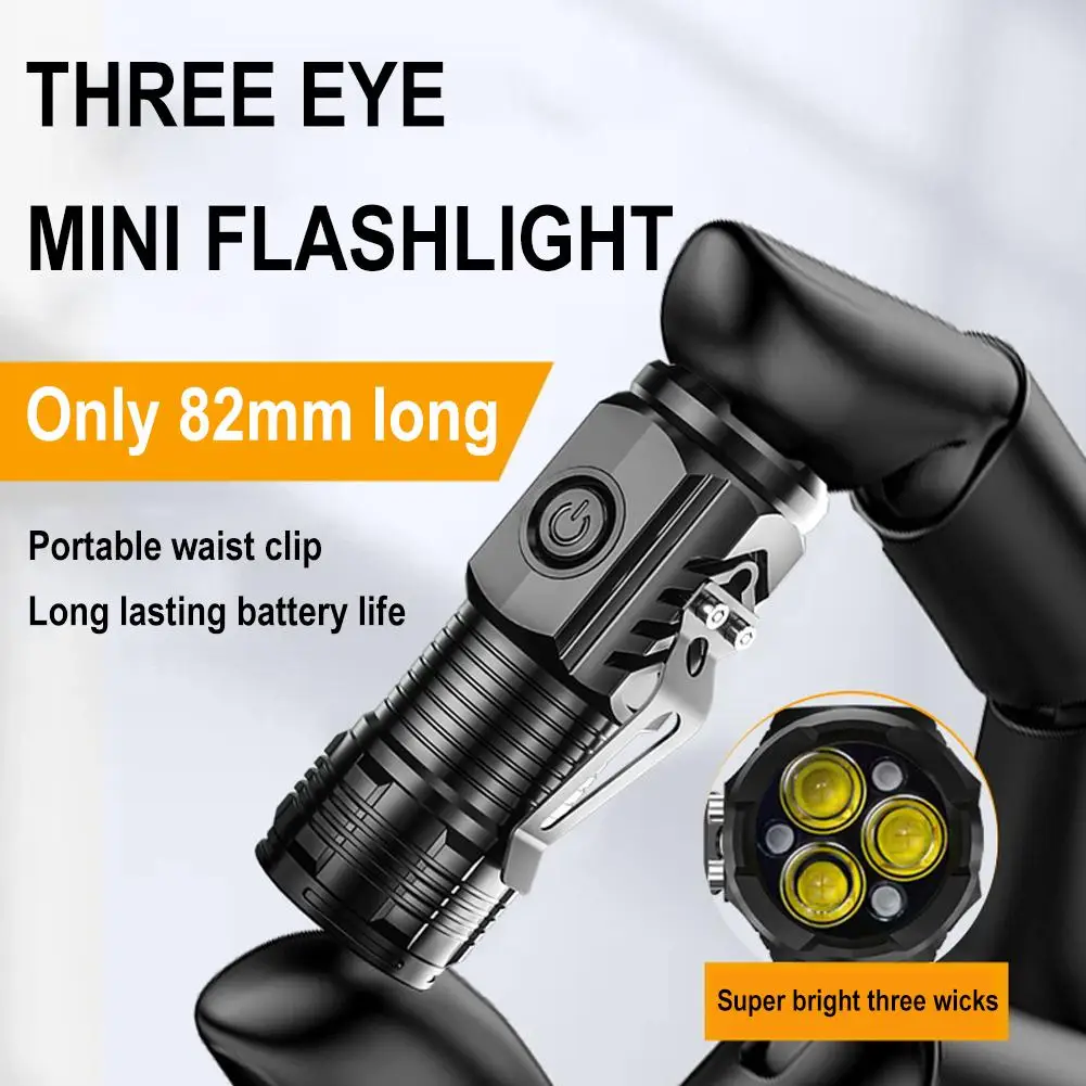 

Mini Portable Outdoor Flashlight Three Eyed Rechargeable Flashlights High LED Lumens Lighting Long-Range E8P2